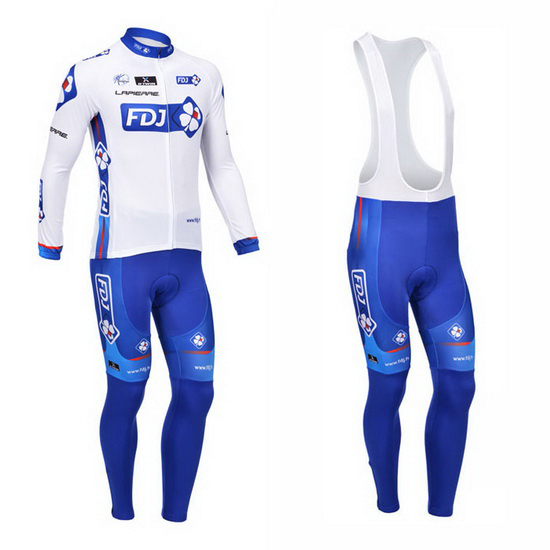 2013 Maillot FDJ Tirantes Mangas Largas Blanco Y celeste